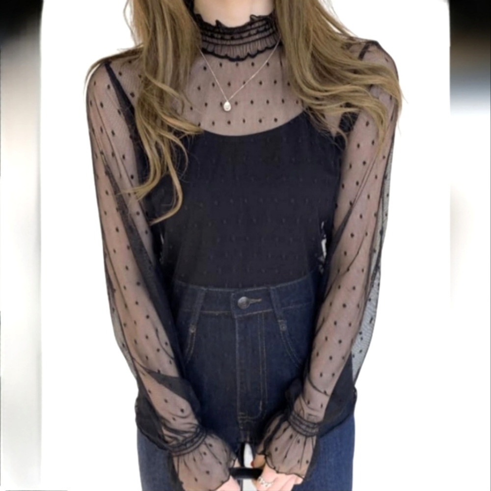 Free Kisses Sheer Ruffle  Black Top/ Blouse Sz medium